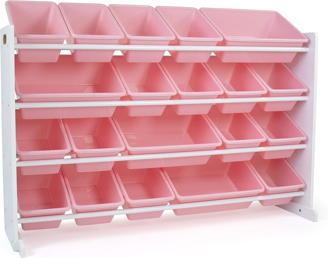 Humble Crew Extra-Large Toy Organizer with 20 Plastic Bins  Pink/White Storage Rack with 4-Tier Shelves, Anti-Tip Safety, for Kids Rooms, Playrooms, Nurseries & Classrooms