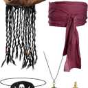 Sintege 5 Pieces Pirate Costume Accessories Set Pirate Hat with Dreadlock Earring Skull Necklace Eye Patch Sash for Men Women (Burgundy)