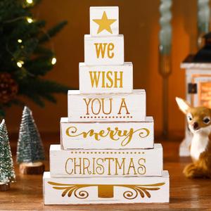 Yousoontic 7 Pcs Christmas Wooden Block Signs Farmhouse We Wish You a Merry Christmas Table Centerpieces White Gold Xmas Rustic Tiered Tray Decor for Party Decorations