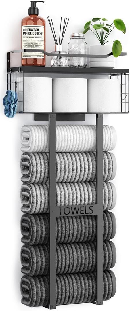 Aetyord Towel Racks for Bathroom 31inch Wall Mounted Towel Rack,Floating Shelf with Wood Plank,Towel Storage for Bathroom can Holds 6 Large Rolled Towels,All Black