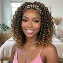 Matthia Curly Headband Wig for Black Women 12inch Glueless None Lace Front Deep Wave Headband Wigs 2 Tone Blonde Mixed Brown Color Synthetic Bob Wig