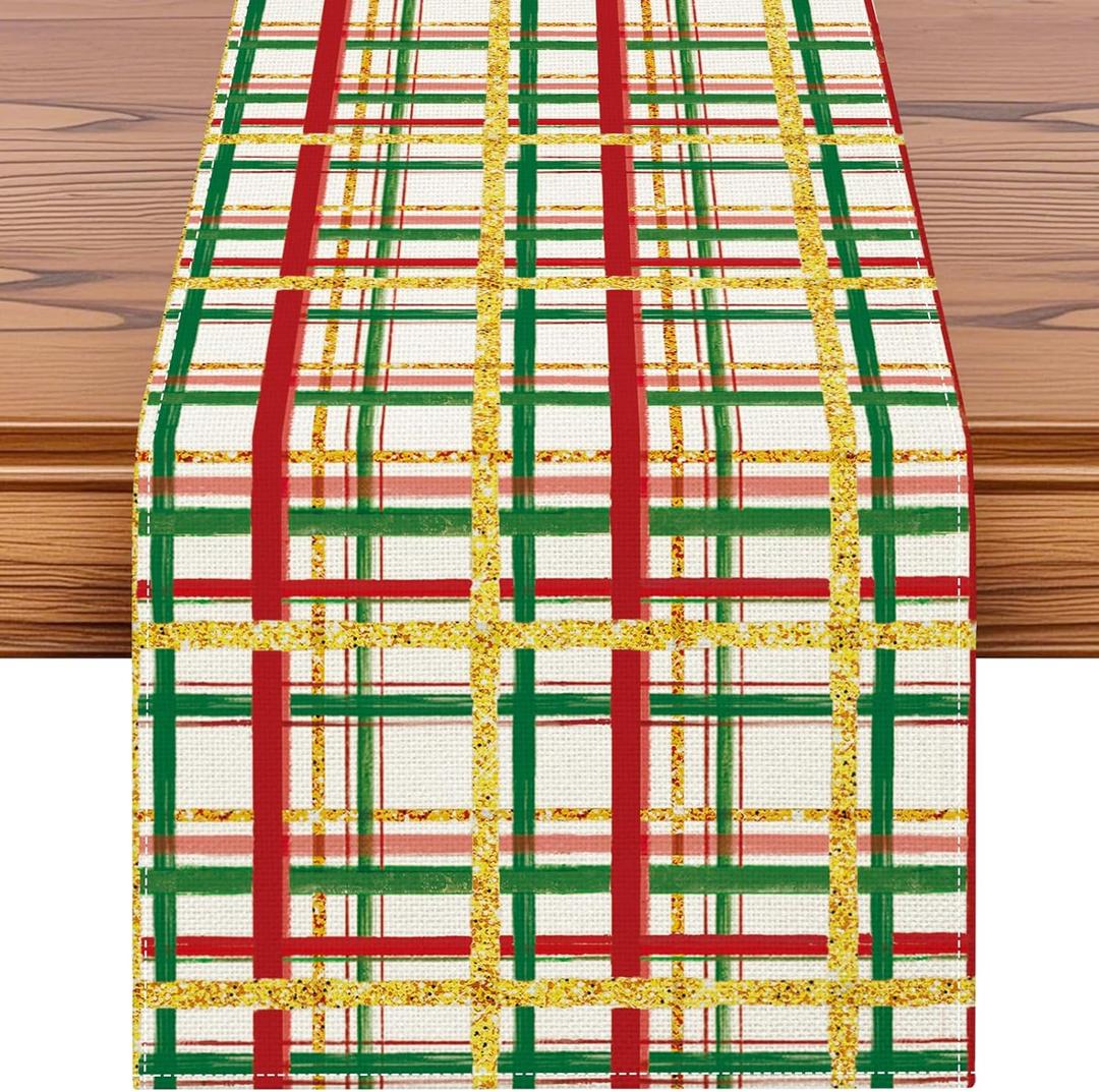 3 x Artscope Buffalo Plaid Christmas Table Runner, Xmas Winter Holiday Kitchen Dining Table Decoration for Christmas Home Party Decor 13x72 Inch-Beige