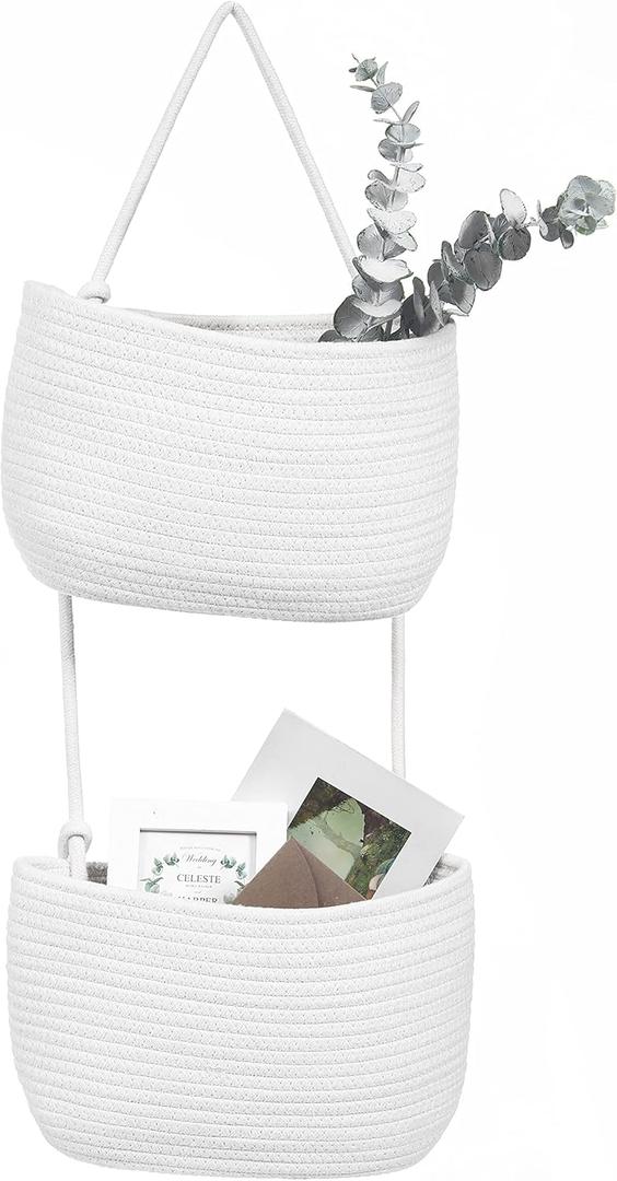 Over The Door Hanging Basket, 2 Tier Cotton Rope Woven Baskets, Magazine Racks, Wall Mount Hanging Storage Baskets,Decorative Door Organizers for Living Room, Bathroom and Bedroom (White)