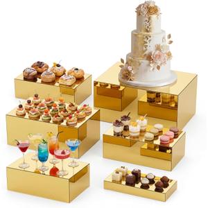 Leinuosen 6 Pcs Acrylic Buffet Risers Stands for Food Display Cubes Box, 7 to 12 Inch Rectangle Catering Table Dessert Decor for Wedding Brunch Setup Party Jewelry Collectibles, Hollow Bottom (Gold)