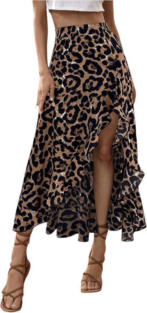 SweatyRocks Women's Ruffle Midi Skirt Leopard Print Slit Split High Waisted Flowy Long Skirts (Large, Brown)