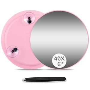 40X Magnifying Mirror with 3 Suction Cups, Magnified Makeup Mirror and Tweezers Set, Portable 6inch Travel Makeup Mirror with 40X Powerful+ Magnification for Makeup, Shaving, Blackhead Blemish Removal