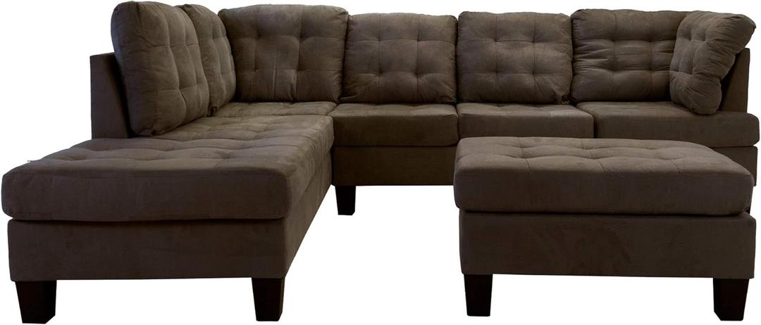 Casa Andrea Milano LLC 3 Piece Modern Tufted Micro Suede L Shaped Sectional Sofa Couch with Reversible Chaise & Ottoman, Large, Brown