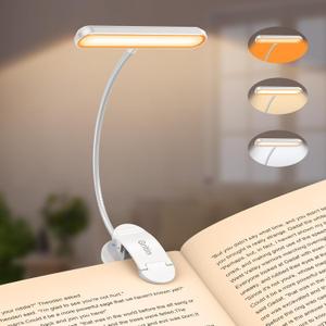 Gritin Rechargeable Book Light for Reading in Bed with 19 LED &Memory Function-Eye Caring 3 Color Temperatures,5 Brightness Levels,90 Hrs Runtime Flexible Goose Neck Clip on Light-White