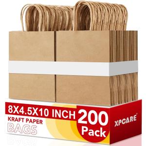 XPCARE 200Pack Paper Bags 8x4.5x10 Inch, Plain Medium Paper Bags with Handles Bulk, Kraft Paper Gift Bag, Retail, Party, Shopping, Favor Bag (Brown)