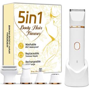 Bikini Trimmer for Women, 5-in-1 Electric Razors Shaver, IPX7 Waterproof Cordless Body Hair Trimmer, Rechargeable Facial & Pubic Hair Remover, Ceramic Blade Bikini Shaver, Gifts for Women (White)