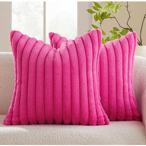MIULEE Hot Pink Throw Pillow Covers 20x20 Inch Set of 2 Fuzzy Striped Soft Pillowcase with Velvet Back Faux Rabbit Fur Cushion Covers Decorative Home Decor for Couch Sofa Bedroom Livingroom