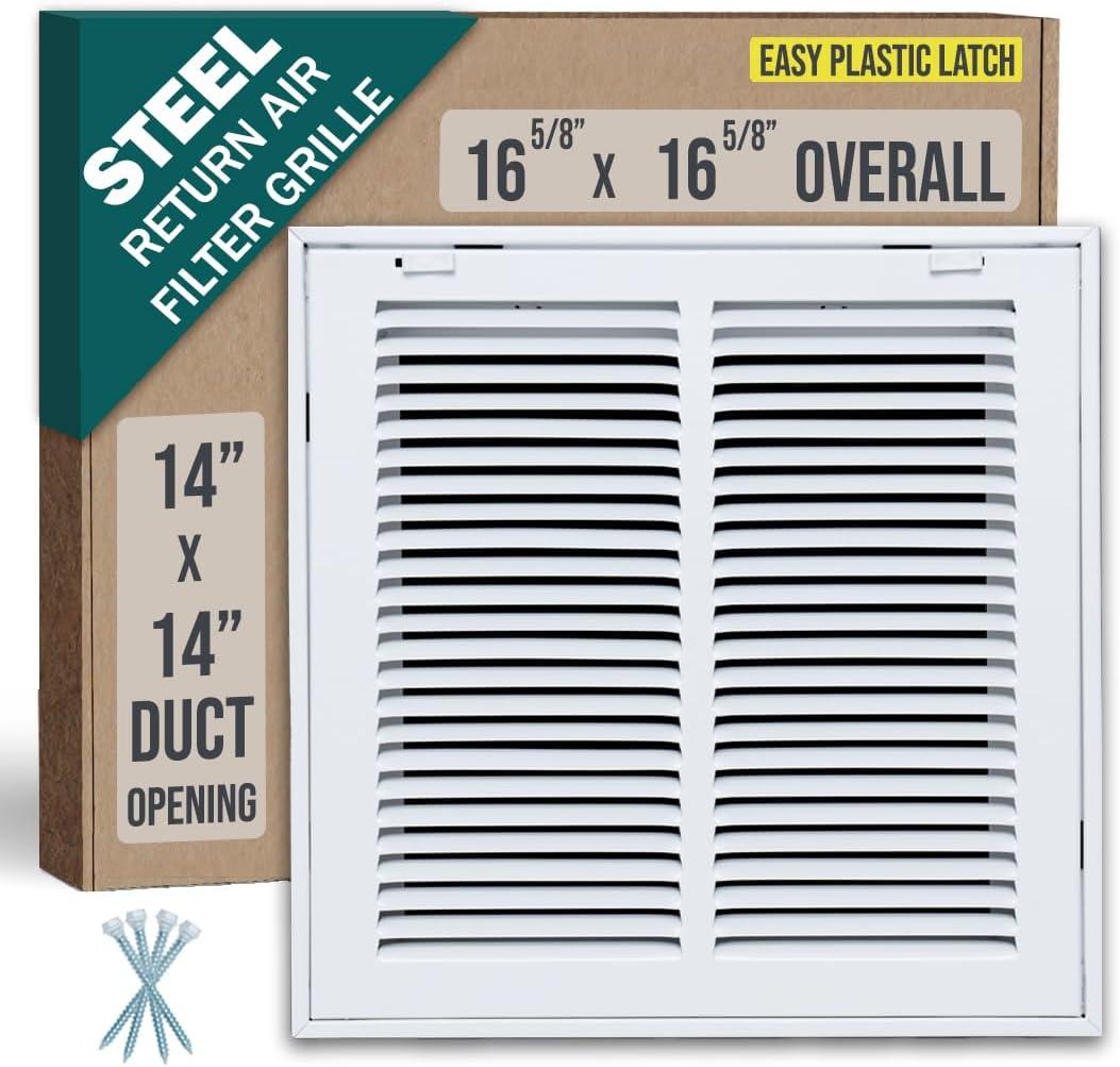 Fits 14x14 Duct Opening | Steel Return Air Filter Grille by Handua [Removable Door] for 1-inch Filters | Vent Cover Grill | White | Easy-to-Use Plastic Latches | Outer Dimensions: 16 5/8"W X 15 5/8"H