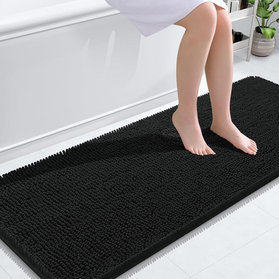 OLANLY Bathroom Rugs 59x24, Extra Soft Absorbent Chenille Bath Rugs, Rubber Backing Quick Dry, Machine Washable Bath Mats for Bathroom Floor, Tub and Shower, Home Decor Accessories, Black (59" x 24")