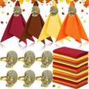 WILLBOND 24 Pcs Thanksgiving Napkin Rings and Cloth Napkins Bulk Thanksgiving Turkey Bird Themed Holders Fall Napkin Rings Alloy Design Holder Buckle for Christmas Wedding Home Party Table Decoration