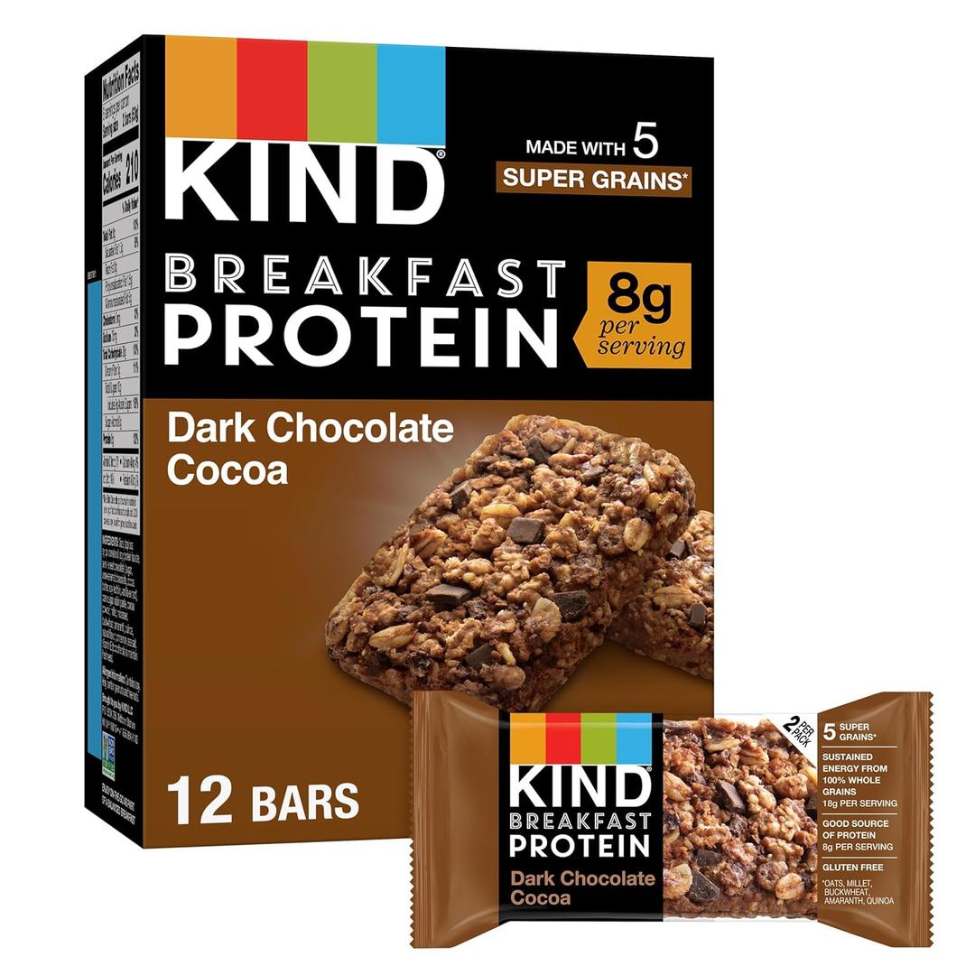 KIND Breakfast Protein Bars, Dark Chocolate Cocoa, Healthy Snacks, Gluten Free, 8g Protein, 6 Count. BB Date:05/26/2025