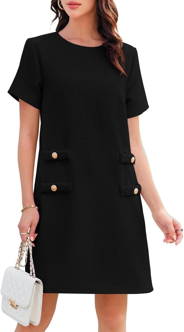 Wenrine Women's Tweed Mini Dress Short Sleeve Crew Neck Work Office Elagant Formal Summer A Line Dresses (Large, Black)