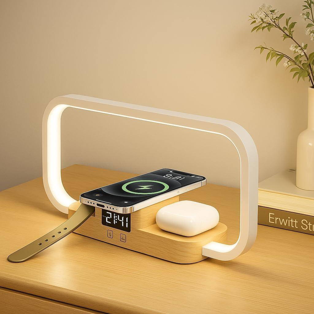 LED Bedside Lamp with Wireless Charger, 3 in 1 Touch Control Bedside Lamp, 5 Color Mode & Dimmable, Desk Lamps with Clock for Nightstand, Table Night Lamp for Bedroom, Gifts for Women, Men, Friends (Wood)