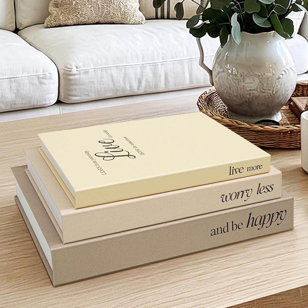 Decorative Books for Home Decor - Stackable Fake Books Storage Box for Coffee Table - Set of 3 Linen Faux Books for Decoration - Photo Storage Keepsake Box for Room Bookshelf Decor (Farmhouse)