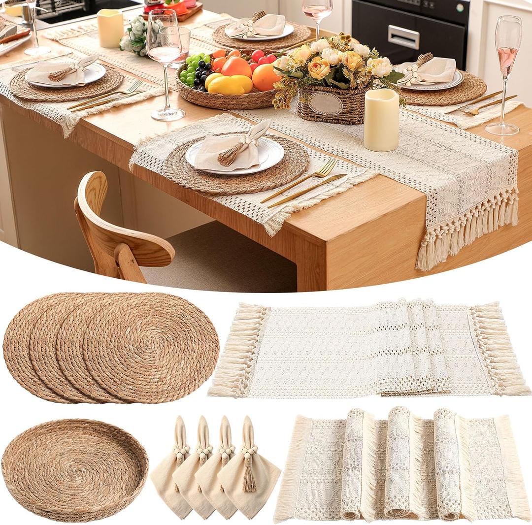 4 Sets Boho Decoration Placemats Round Woven Placemats, Cloth Napkins, Wood Bead Napkin Rings, Long Table Runner and Farmhouse Burlap Cotton for Table Kitchen (White,12x72)