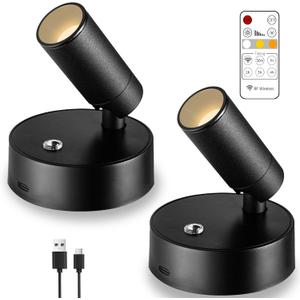 2pack Upgraded Wireless spot Lights Indoor 3000K/4000K/5000K with Remote and Timer, Adjustable uplighting Indoor, 3W Spotlight Indoor for Plant Wall Art (2)