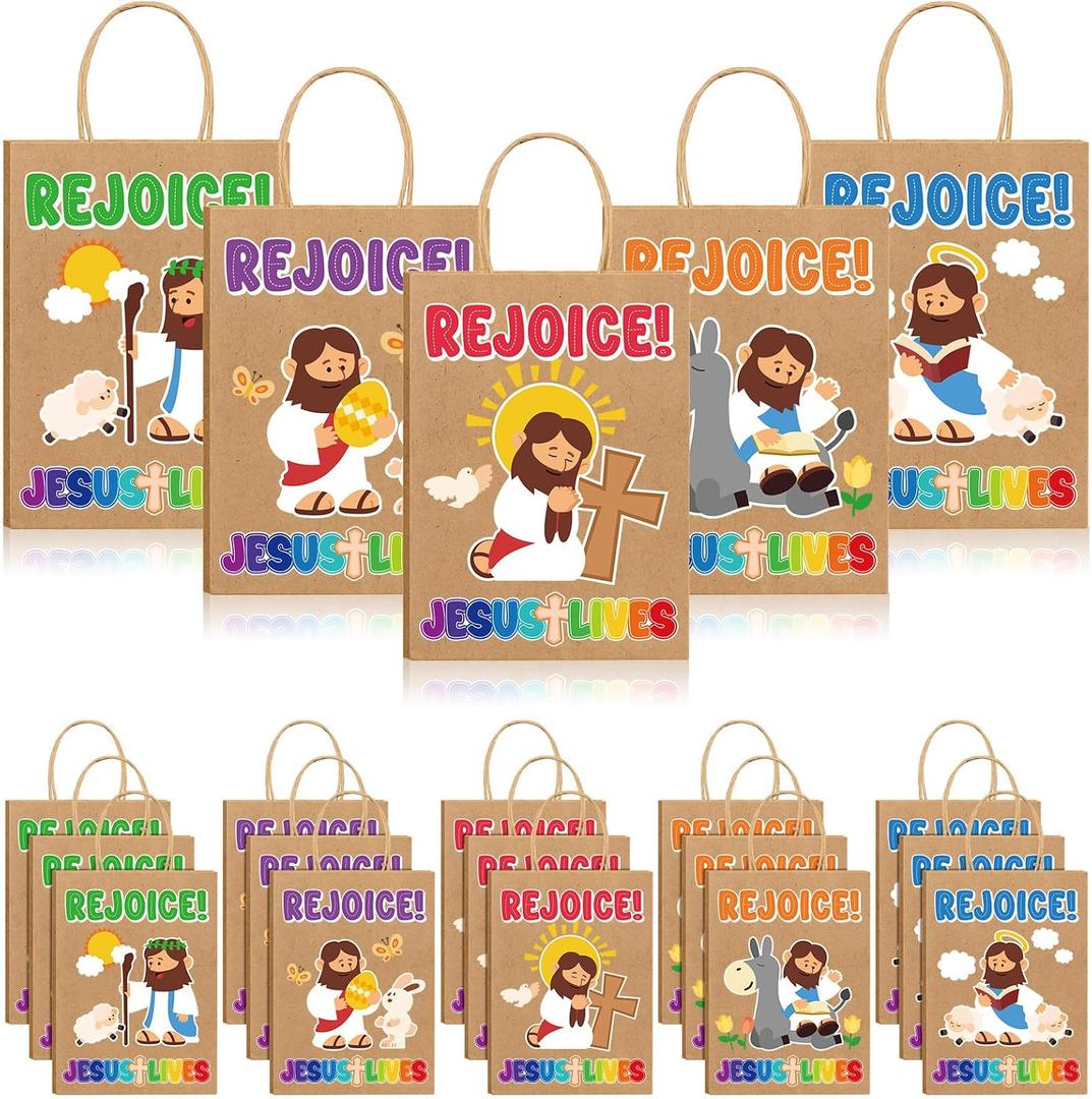 Shinylin 20 Pcs Easter Religious Gift Bags Bulk Christian Kraft Paper Rejoice Goody Bags with Handles Eggs Hunt Easter Theme Bible Sunday School Party Favor