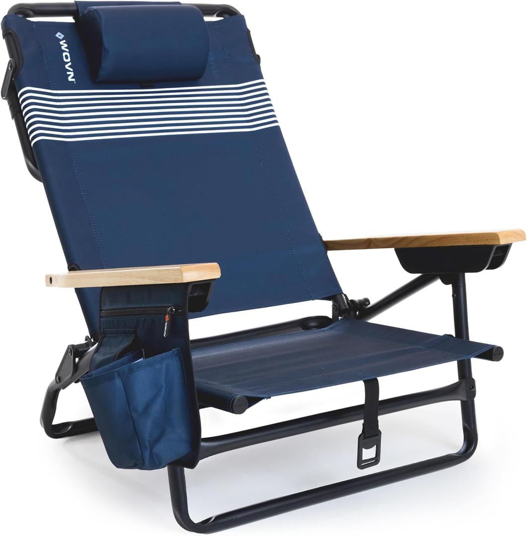 WOVN Premium Reclining Beach Chairs - Portable Lay Flat Folding Beach Chair for Adults - Includes Shoulder Backpack Strap, Pillow, 2 Pockets, and Cup Holder - Lido
