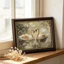 Dark Brown Framed Wall Art, Vintage Romantic Swan Painting Picture Wall Decor, A Pair Elegant White Swan Painting Picture Artwork for Bedroom, Living Room, Bathroom Office, Home Decoration 9x11inch