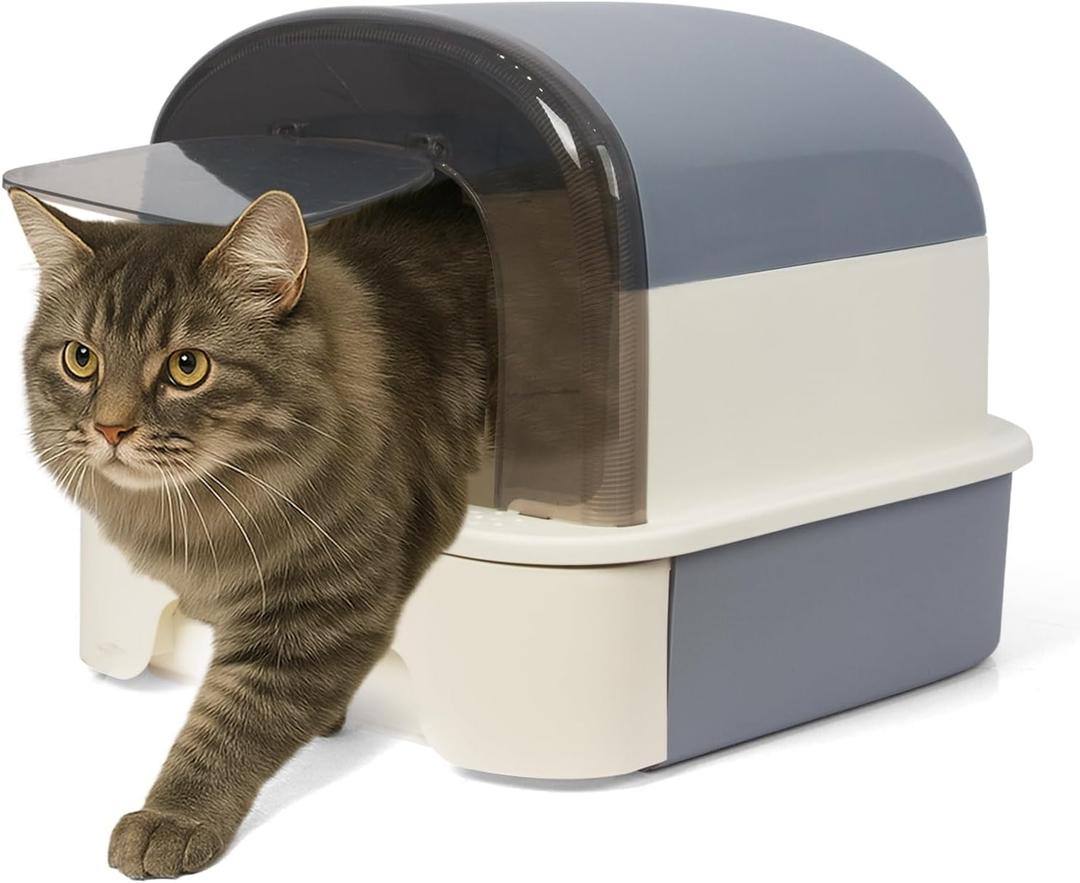 Enclosed Litter Box with Front Door Flap and Scoop, Covered Kitty Litter Box with Handle and Buckles for Portability and Privacy (Misty Gray)