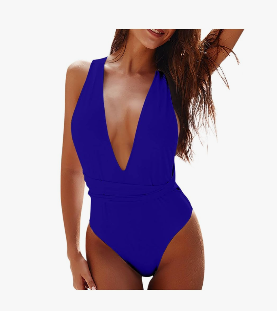 Women's Sexy Plunge V Neck Swimsuits Monokinis One Piece Slimming Bathing Suits Solid Crisscross Back Tie Swimwear,L