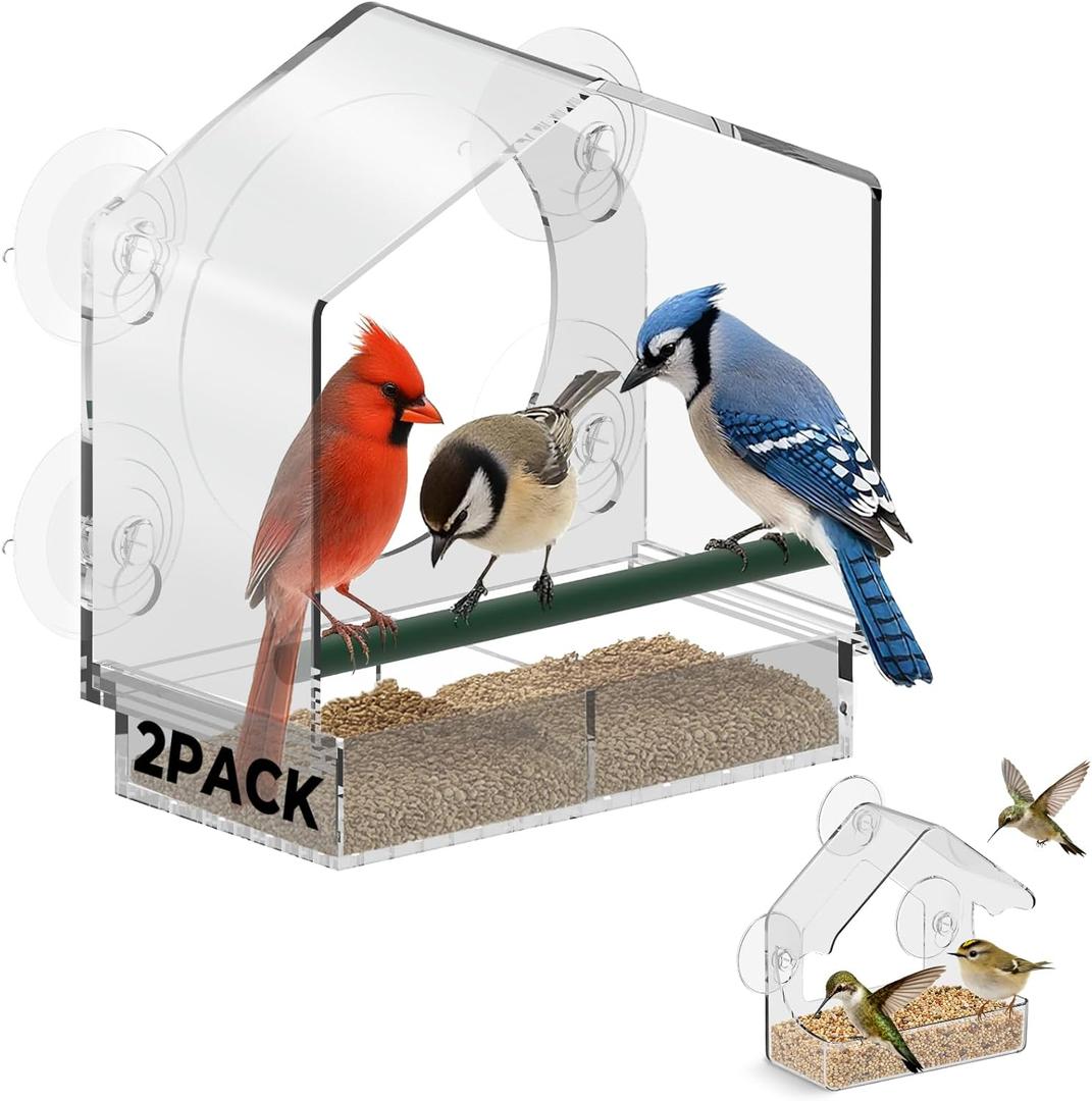 BTFSZ Window Bird Feeder with Strong Suction Cups - 2Pack Clear Sturdy Acrylic Birdfeeder for Outside Windows, 360 Clear View - No Drill Easy Install, Perfect for Cardinals & Finches,etc(2025 New) (1 large+1 small)