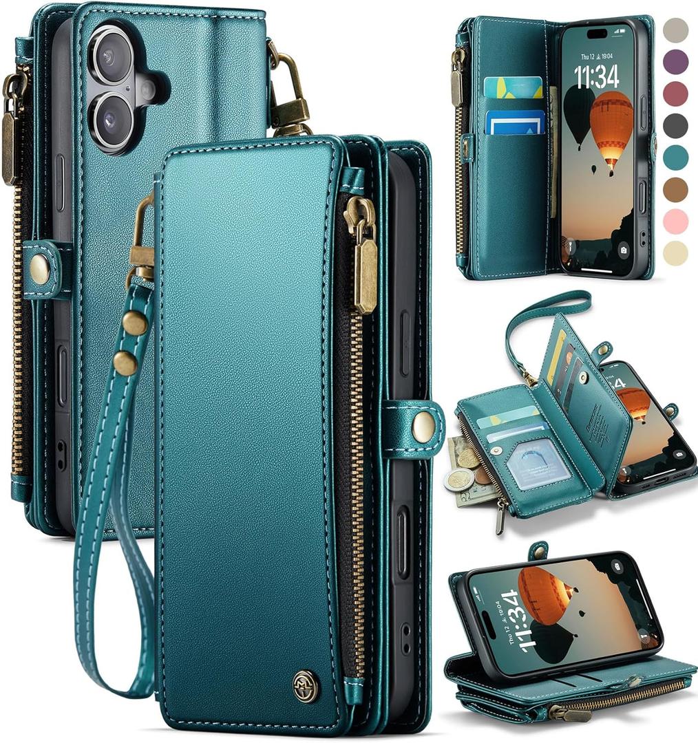 Defencase Compatible with iPhone 16 Case Wallet with RFID Blocking Card Holder for Women Men, Fashion PU Leather Magnetic Snap Flip Zipper Strap Wallet Phone Case for iPhone 16 6.1", Blue Green