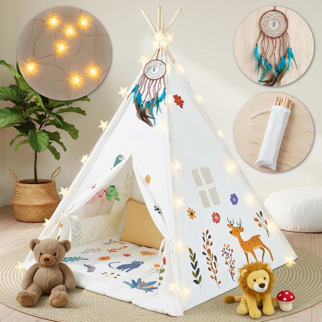 Teepee Tent for Kids with Lights, Kids Play Tent Indoor with Thicked Mat & Dream Catcher, Toddler Tent with Storage Pockets and Mesh Window for Reading Nook and Imaginative Games