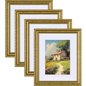 eletecpro 8x10 Picture Frames Set of 4, Gold Frames 8 x 10 with Glass Cover, Vintage Photo Frame Displays 5x7 Photo with Mat or 8x10 without Mat for Tabletop or Wall Decor, Gold