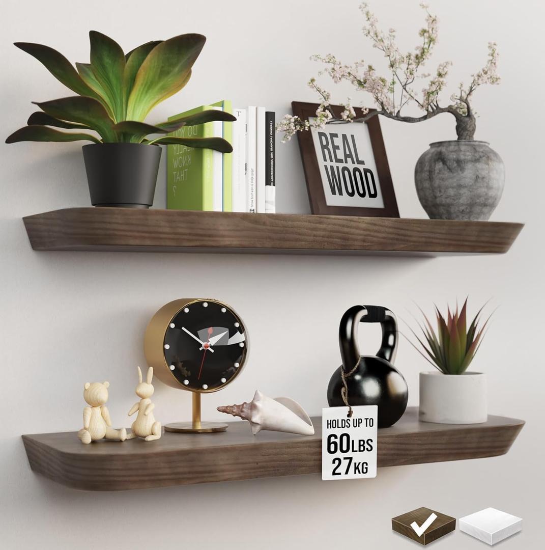 Wood Floating Shelves 24 inch (Set of 2) - Premium Wood Shelves -Wooden Floating Shelves for Wall Mounted -Heavy Duty Floating Bathroom Shelves -8 Inch Deep Shelf - American Walnut, Matte, 24" x 8" x 1.6"