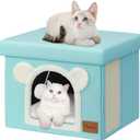 Covered Cat House Cat Bed for Indoor Cats Multifunctional Living Room Footstool Kitty Condo with Double-Sided Mat and Cat Scratching Board(Mint, Footstool)