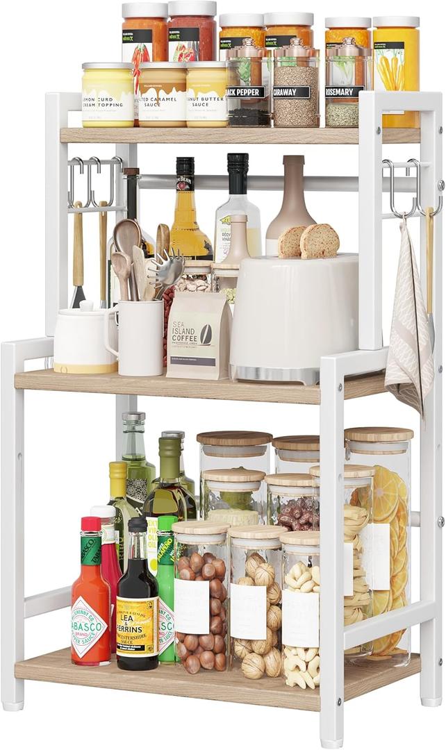 Kitchen Countertop Organizer, 3 Tier Large Spice Rack Organizer with Adjustable Shelf and 5 Hooks, Wooden Counter Organizer, Countertop Shelf Microwave Stand for Kitchen Coffee Bar, Light Coffee (Small)