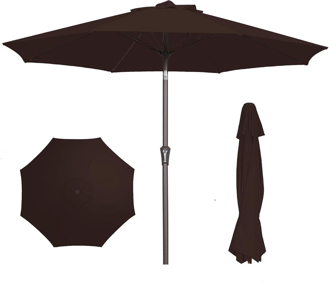 PatioKingdom 9FT Patio Outdoor Umbrella-UPF 50+ Sun Shade with Wind Vent, Push-Button Tilt & Smooth Crank Lift, Rust-Resistant Fiberglass Frame for Garden, Backyard,Yard (Brown)