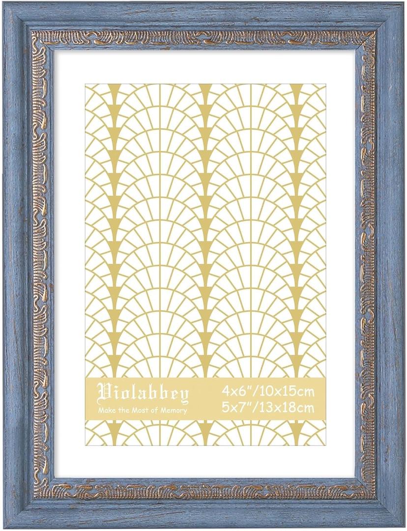 VIOLABBEY 5x7 Picture Frame Blue Gold, Display 4x6 Photo with Mat or 5x7 without Mat, Ornate Vintage 5 x 7 Frame for Wall Decor or Tabletop Display, Blue Gold