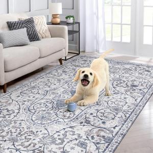 4x6 Durable Vinyl Rugs for Living Room, Vintage Floral Pattern for Dining Room, Bedroom, Home Office, Bobo Blue Non-Slip Large Rugs for Indoor&Outdoor RV, Deck, Backyard, Balcony, Modern Home Decor