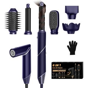 6 in 1 Hair Dryer Brush, Foldable Blow Dryer Brush with Air Styler Curler Wrap, Detachable Hot Air Brush Dry,Volumize, Straight,Curl, Negative Ion Brush Blow Dryer with Diffuser, Hair Styler Tools (Blue)