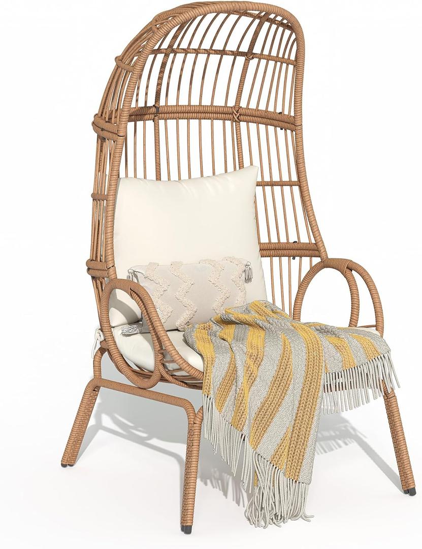 YITAHOME Outdoor Narrow Egg Chair Wicker, Patio Rattan Basket Chair with 370lbs Capacity Indoor Egg Chairs with Stand & Cushion Cocoon Chair for Bedroom, Patio, Balcony - Beige
