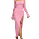 HTZMO Women's Sequin Long Sleeve Maxi Dress Sexy Halter Side Split Bodycon Formal Cocktail Party Glitter Dresses Pink S