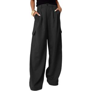 Dokotoo Womens High Waisted Wide Leg Cargo Pants Baggy Casual Work Pants with 4 Pockets (Black)