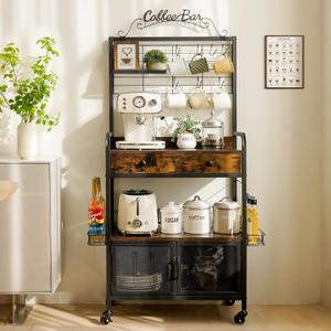 Rolling Coffee Bar Cart for Small Spaces, Coffee Station Cabinet with Storage, Apartment Coffee Nook, Side Syrup Rack, Tea Pod Drawer, Magnetic Doors, Lockable Wheels, Rustic Brown