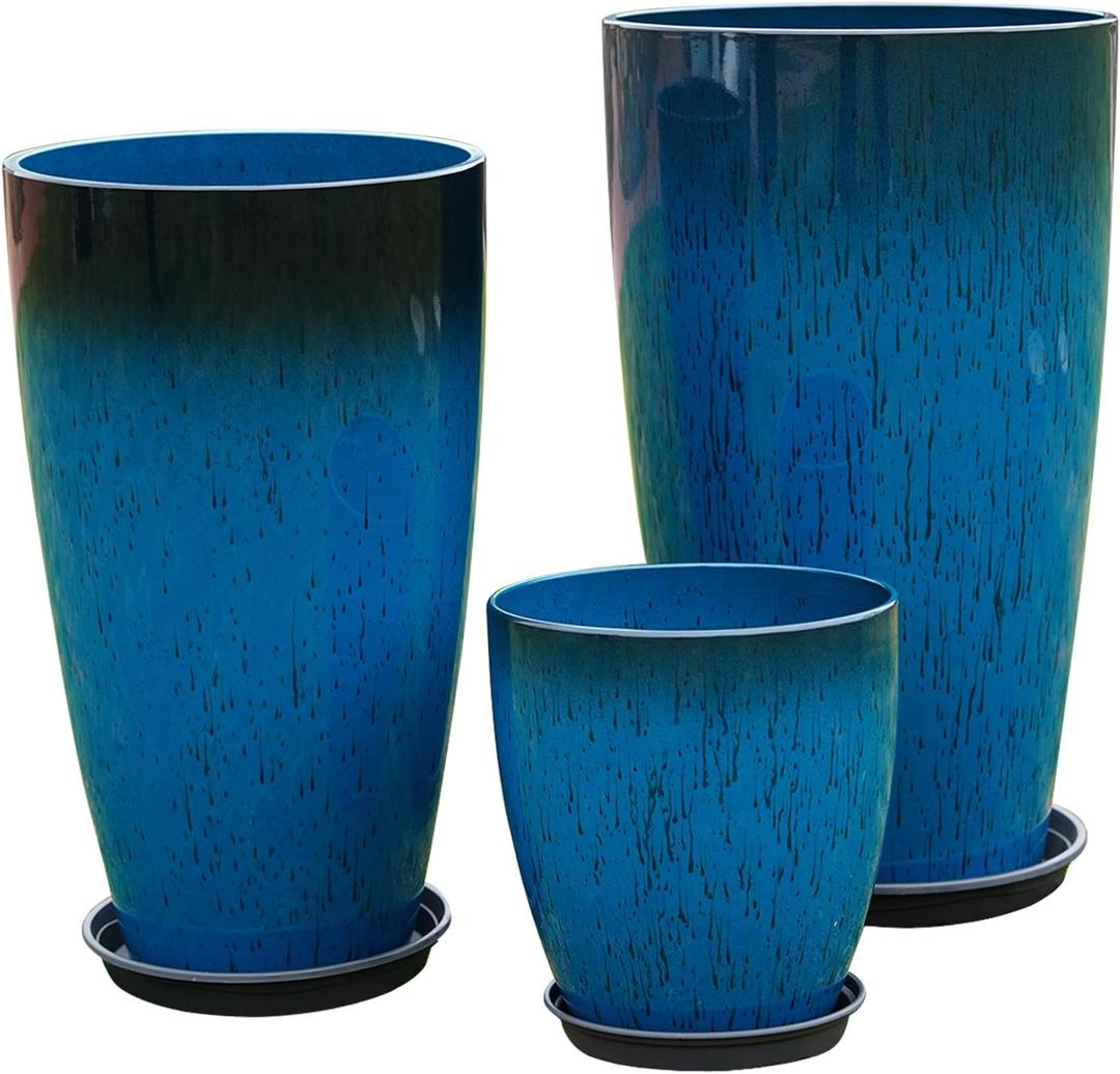 24,21,11 Inch Large Plastic Planters with Drainage Hole and Saucer - Set of 3 Tall Plant Pots Indoor Flower Pot Tall Round Planters Outdoor Large Tall Planter (Dark Blue)