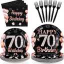 96 Pcs 70th Birthday Party Decorations for Women, Serves 24 | Black and Rose Gold 70th Plates and Napkins Rose Gold 70 Happy Birthday Tableware Set for Women 70 Year Old Party Supplies