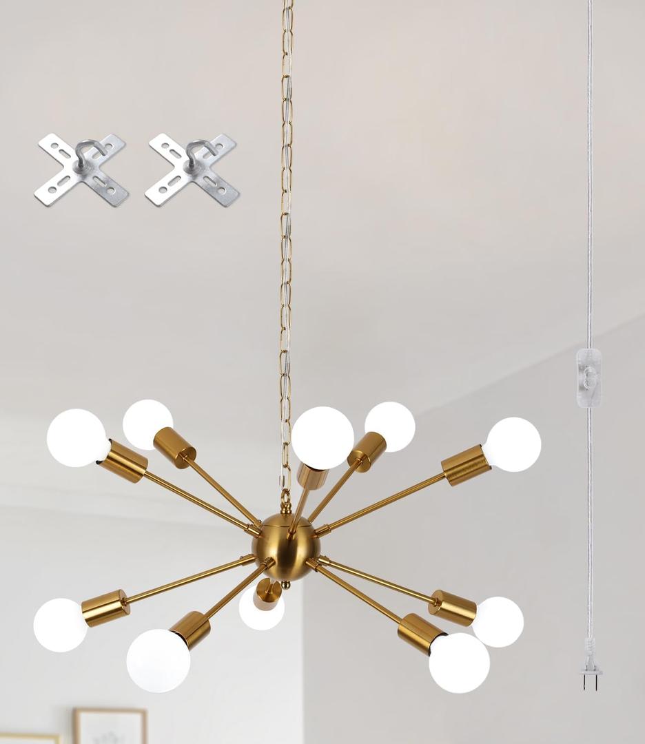 LASENCHOO 10 Lights Plug in Chandelier, Hanging Lights with Plug in Cord 16.4ft & On/Off Switch, Gold Plug in Pendant Light, Modern Sputnik Chandeliers for Dining Room Living Room Bedroom Kitchen