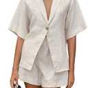 Milumia Women's 2 Piece Outfit Button Front Collared V Neck Short Sleeve Shirt Shorts Sets (Beige, L)
