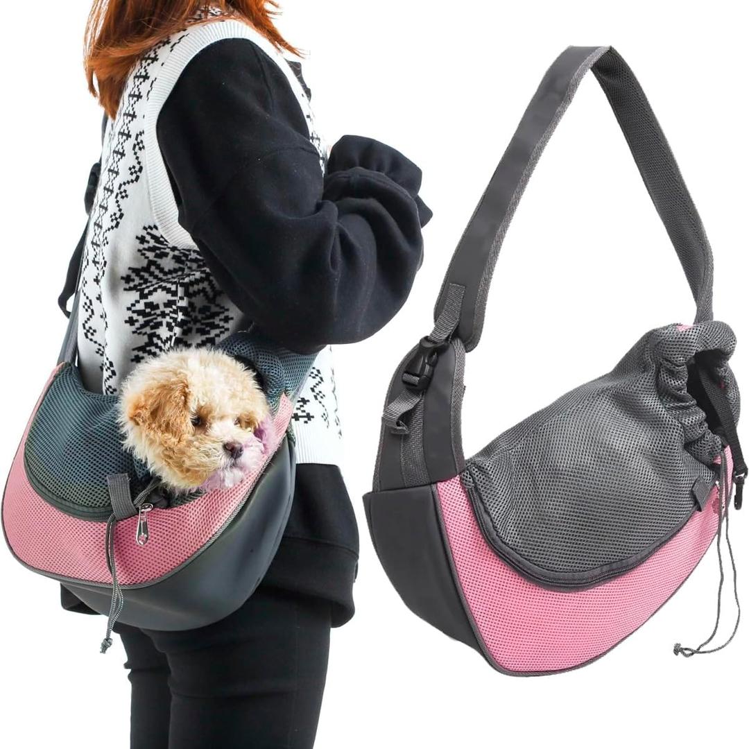 Pet Dog Sling Carrier Puppy Pet Slings Bag for Small Dogs Cats Satchel Carriers Breathable Mesh Hand Free with Adjustable Strap Doggie Crossbody for Outdoor Travel (Pink, Large 5-12 lbs)