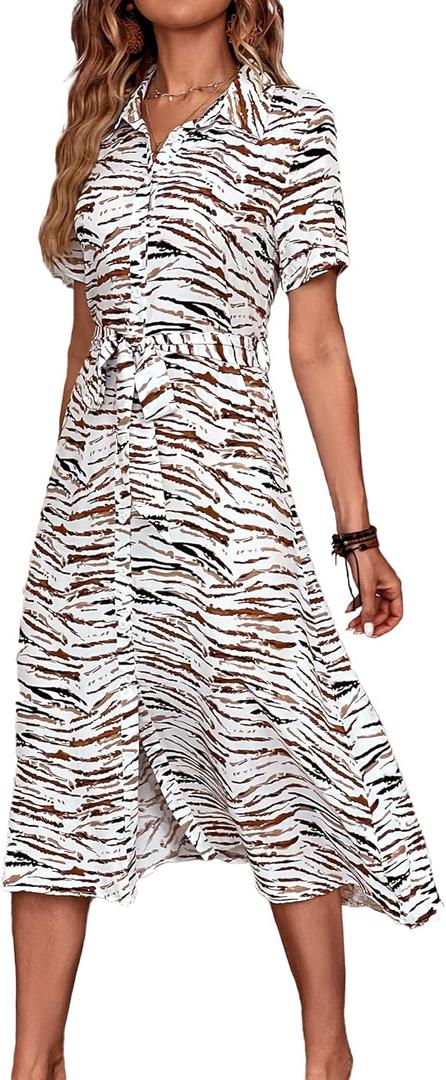 BROVAVE Women's 2025 Summer Short Sleeve Work Dresses Tie Waist Button Down Animals Print Midi A-Line Shirt Dress (Medium, White)